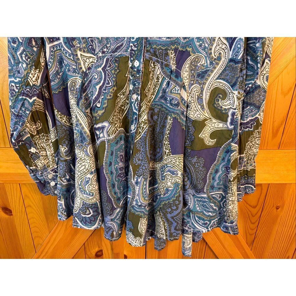 FRYE Blue White Floral Chambray 1/2 Sleeve Tunic Top Tie Neckline Size XL (7471) - Picture 3 of 7